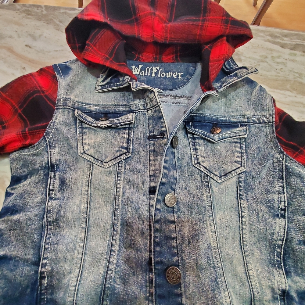 Wallflower Jean jacket with plaid sleeves
